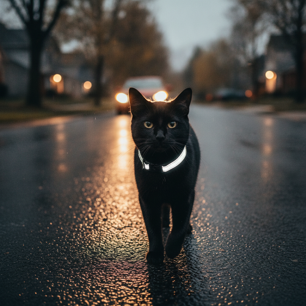 A black cat wearing a reflective AirTag collar walks on a wet street at dusk, illuminated by car headlights.