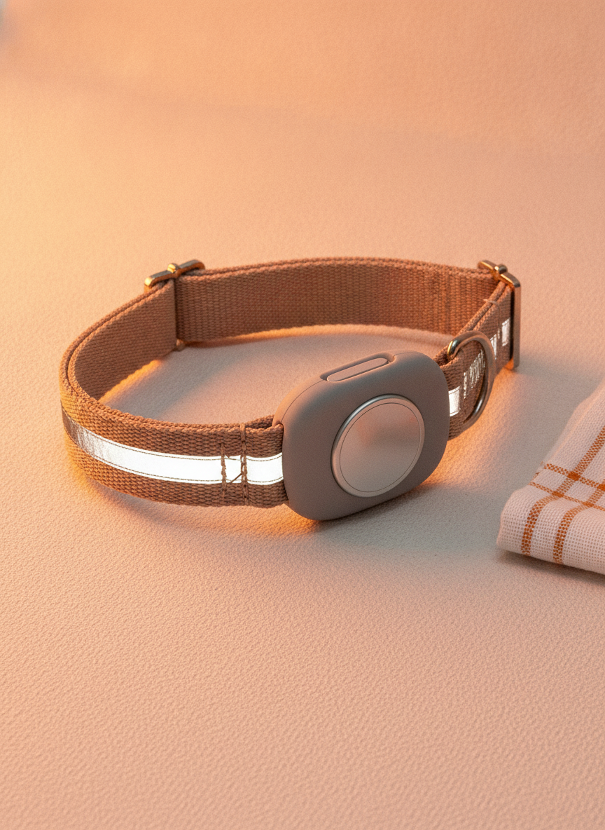 Close-up flat lay of an AirTag holder pet collar, showing reflective material and durable stitching on a warm cream surface.