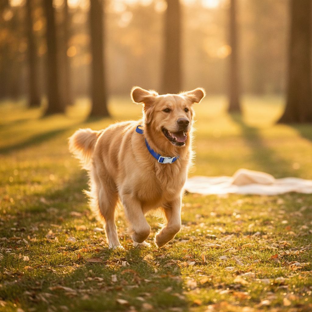 A happy golden retriever dog wearing a reflective AirTag pet collar, running through a sunny park.