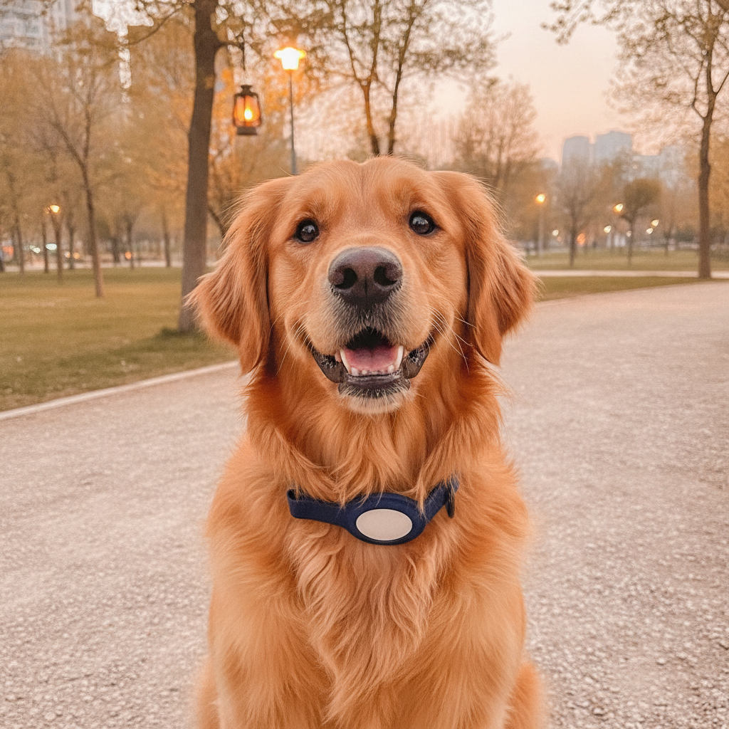 A happy golden retriever dog wearing a reflective AirTag collar, looking up at its owner during an evening walk in a park.